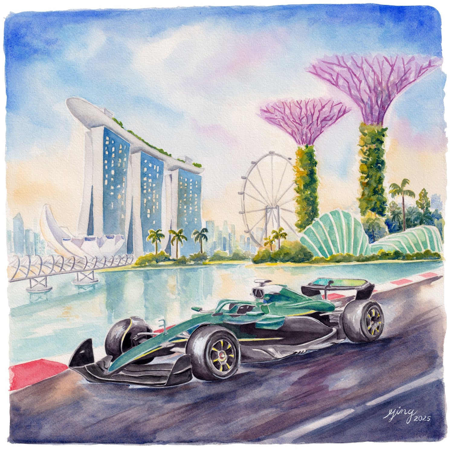 Bespoke watercolour artwork for Aston Martin F1 VIP Suite Singapore