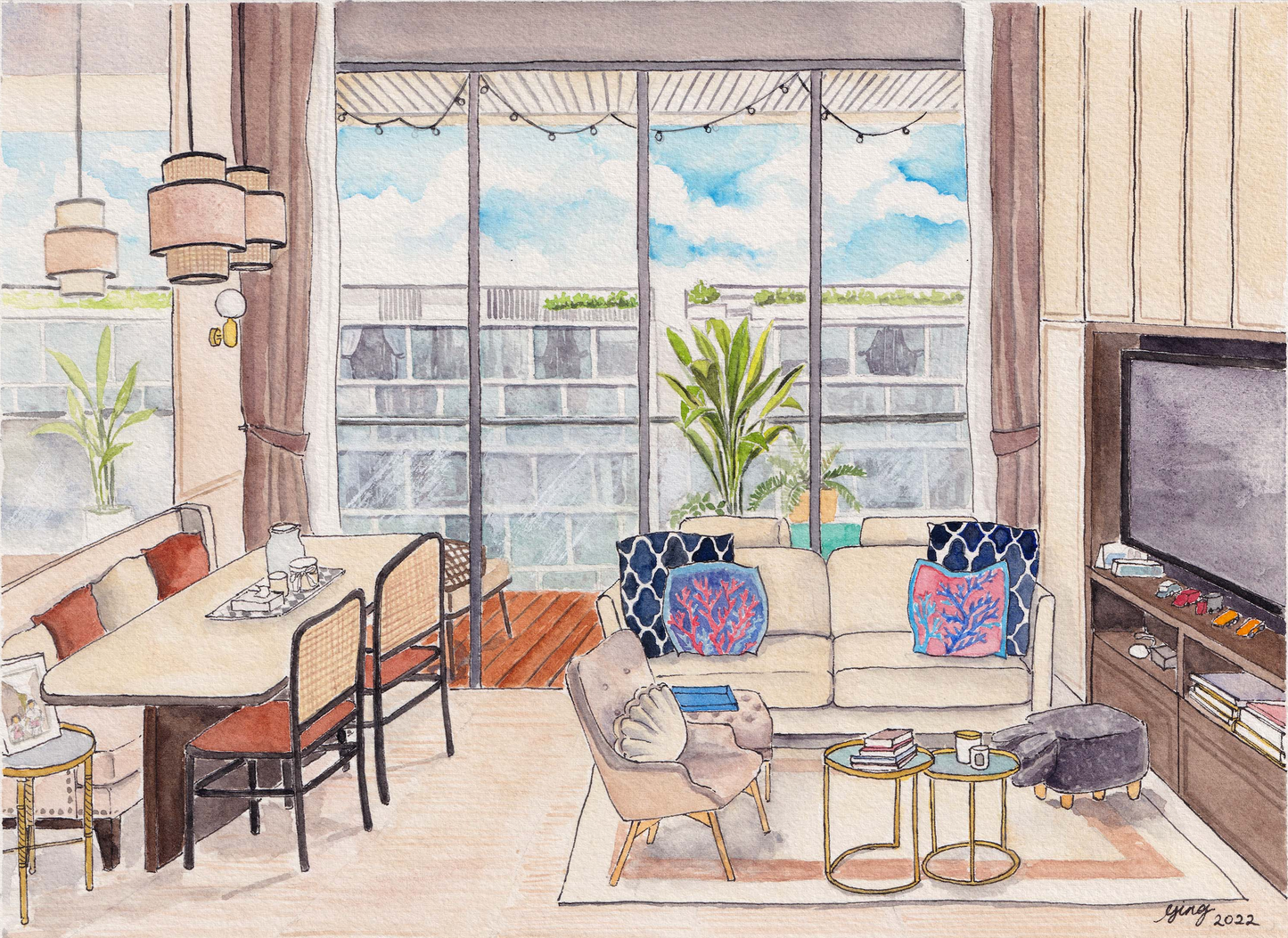 Commissioned Watercolour illustration of a Singapore Home interior 