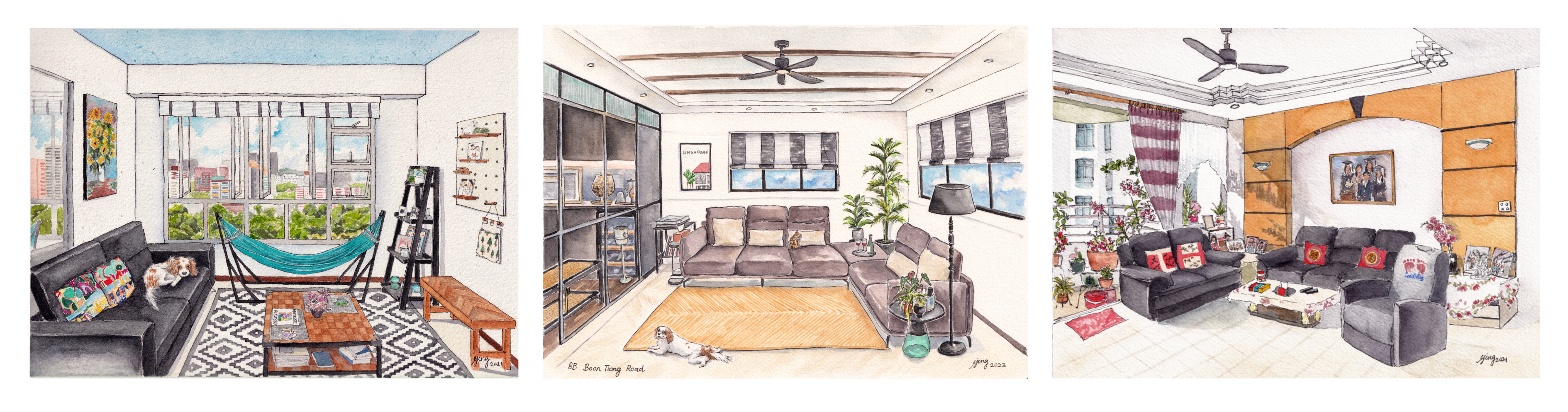 Watercolour artworks of Singapore Home interiors