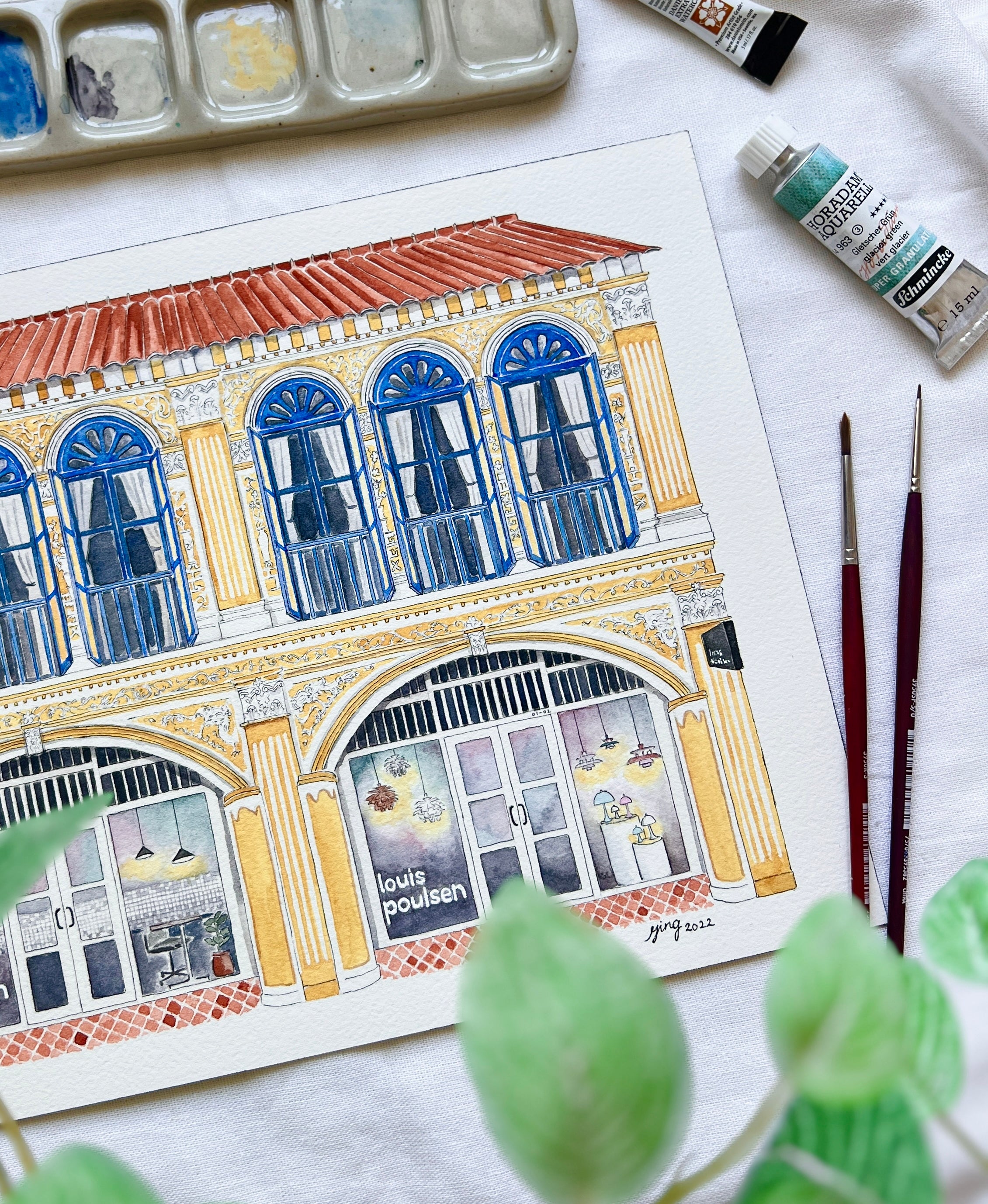 Custom watercolour building portrait for Louis Poulsen in Singapore