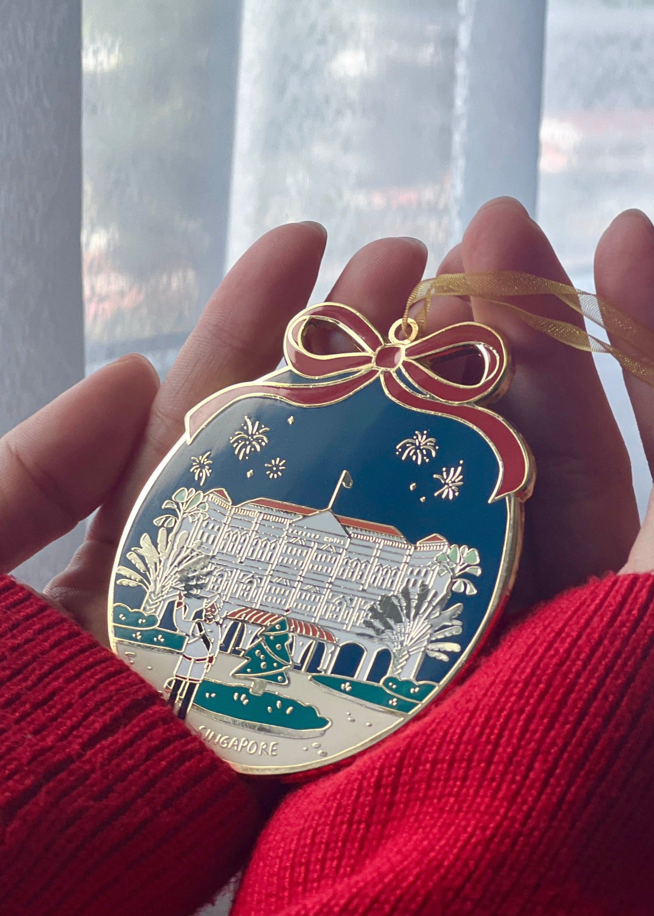 Singapore themed Christmas decor Enamel Ornament featuring Raffles Hotel
