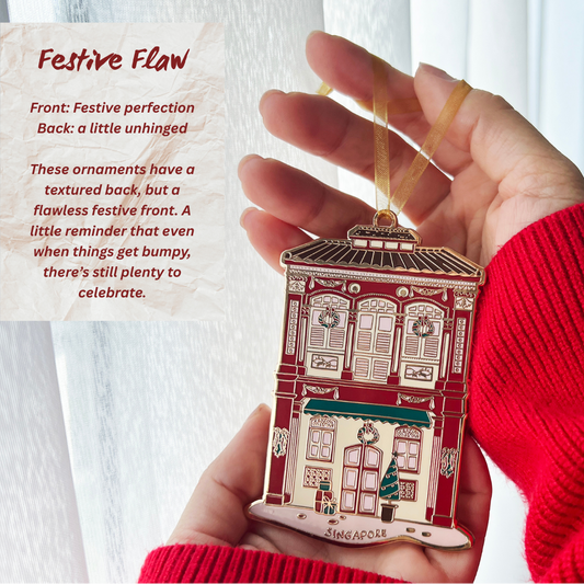 Enamel ornament featuring singapore shophouse