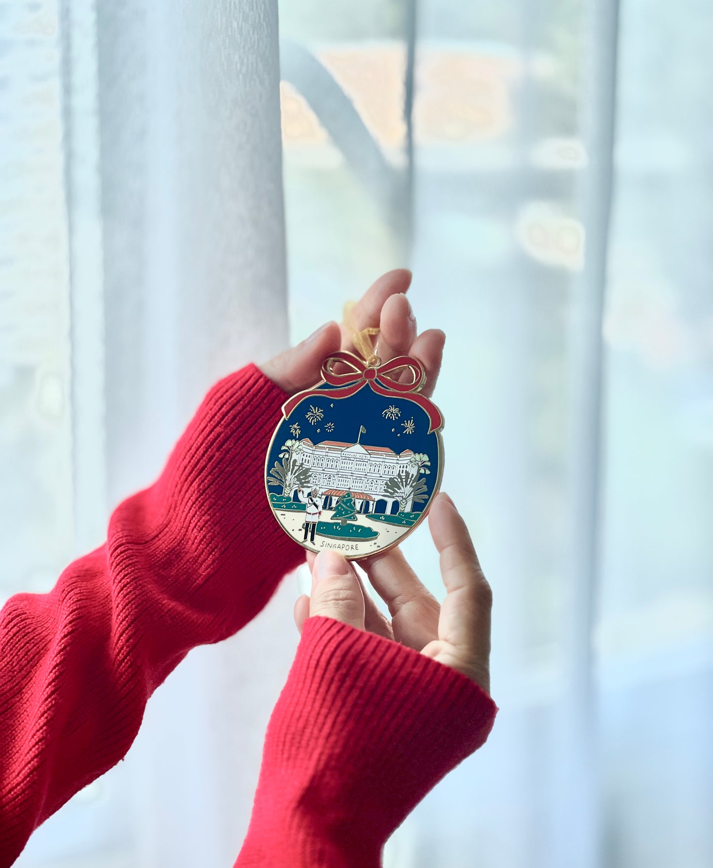 Singapore themed Christmas decor Enamel Ornament featuring Raffles Hotel