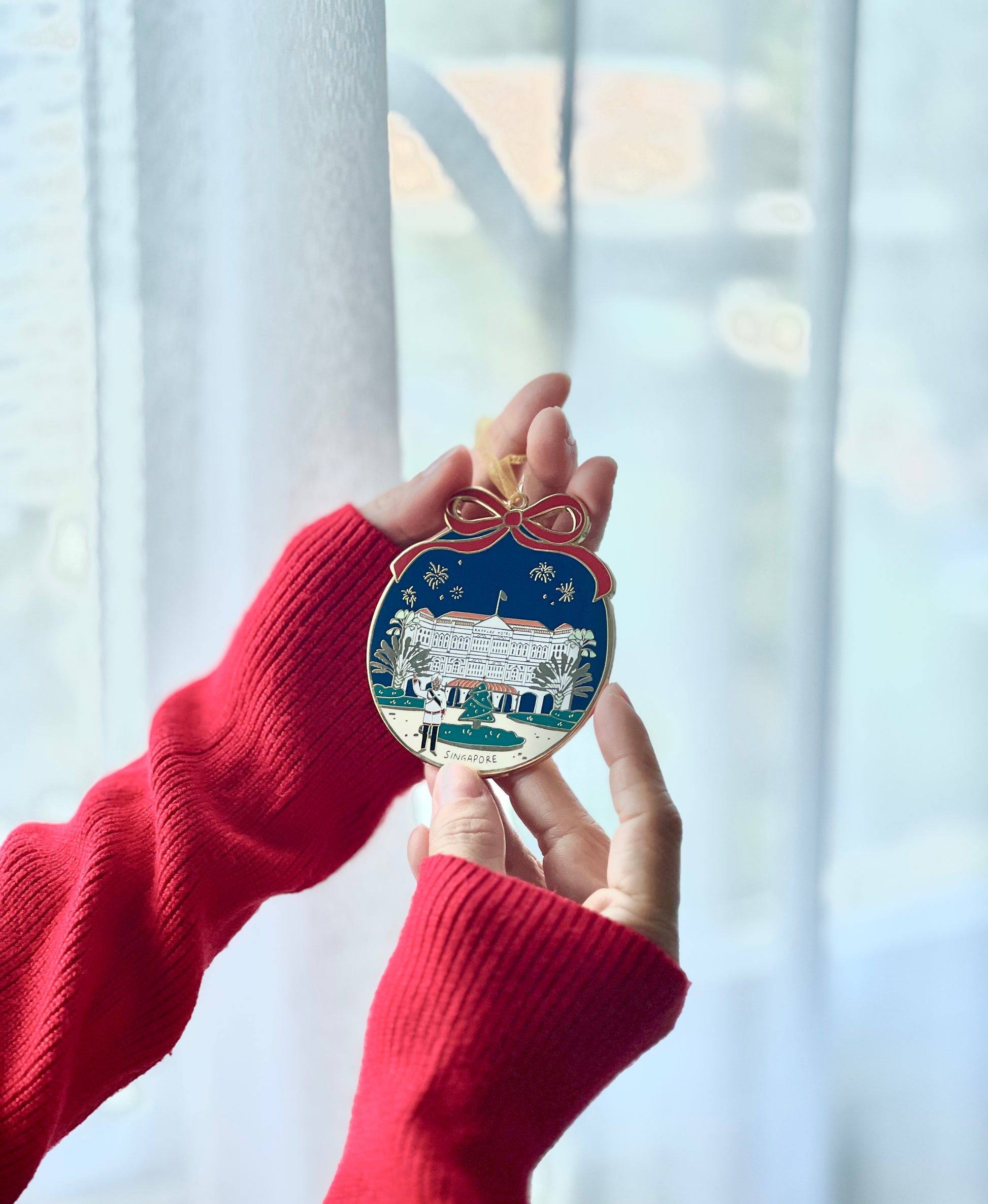 Singapore themed Christmas decor Enamel Ornament featuring Raffles Hotel