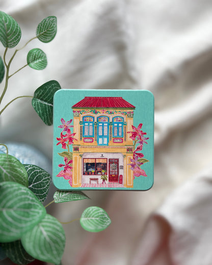 Singapore Shophouse Coaster featuring Yellow shophouse on Joo Chiat Road