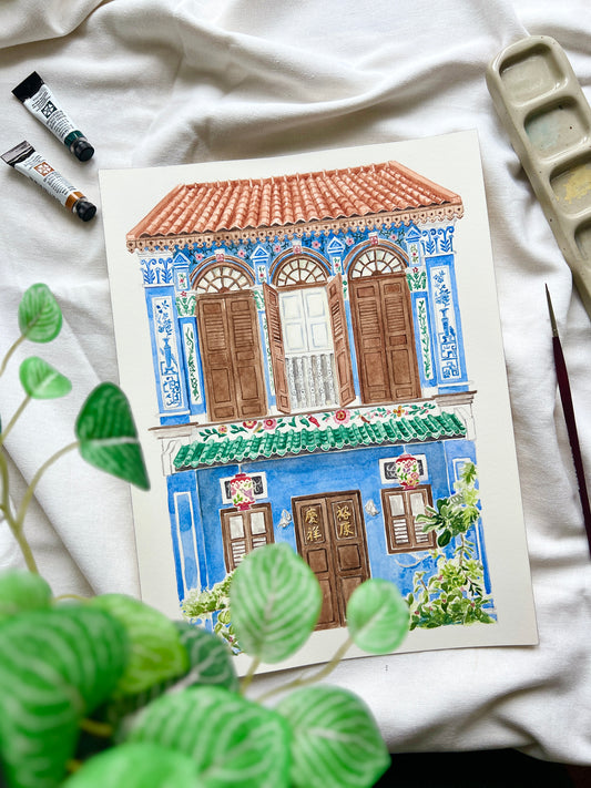 Singapore Shophouse Original Watercolour Painting featuring Emerald Hill
