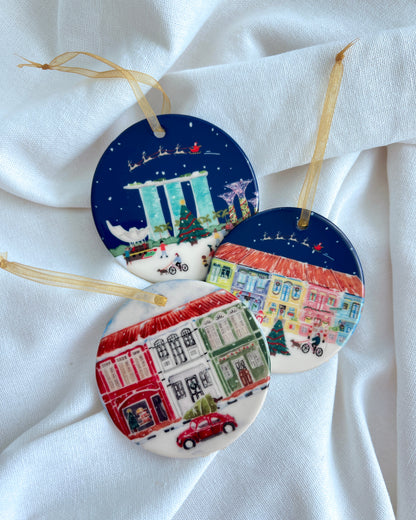 Singapore shophouse Christmas ornament souvenir Featuring Marina Bay and shophouses